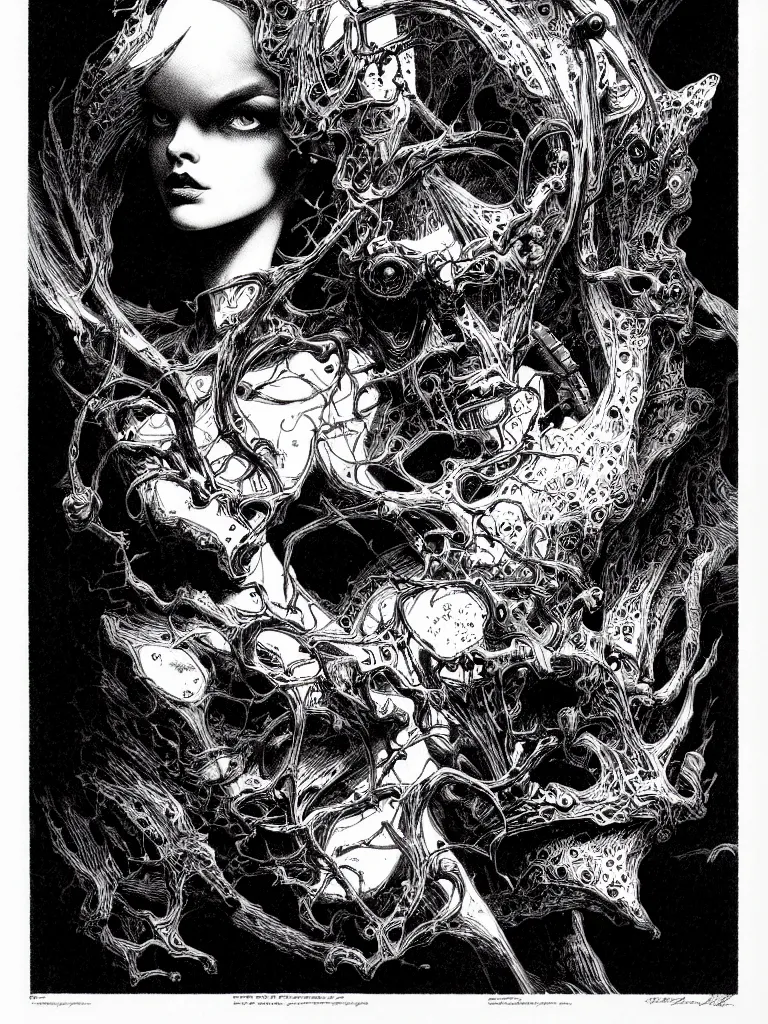 Image similar to portrait soft light, by bernie wrightson and joe fenton and simon bisley, inspired victorian sci - fi, etching, fine, sharp high detail, red and grey, screen print,