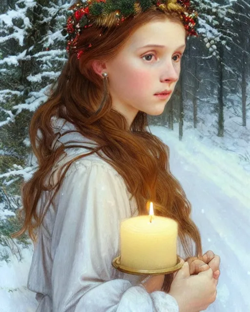 Prompt: a realistic candlelit portrait painting of a thoughtful girl resembling a young, shy, redheaded alicia vikander or millie bobby brown wearing a christmas wreath in her hair and peasant dress carrying a candle in a deep snow - covered forest at night, highly detailed, intricate, concept art, artstation, by donato giancola, alphonse mucha, and william bouguereau