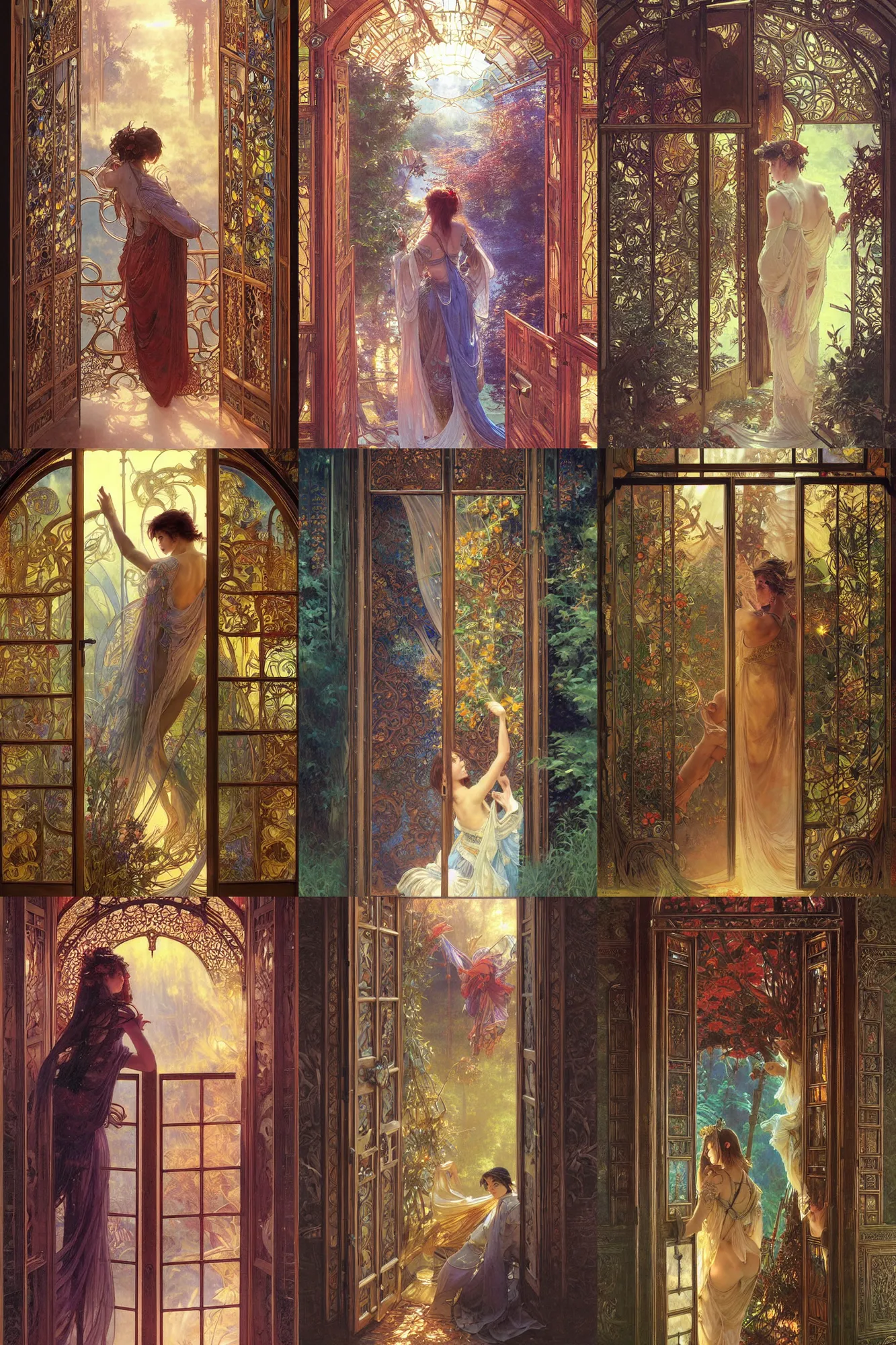 Image similar to large rustic intricately decorated wooden double door, metal handles, a view to a fantasy world, ethereal back light, mist, coherent composition, fantasy painting by noriyoshi ohrai, yuumei, alphonse mucha