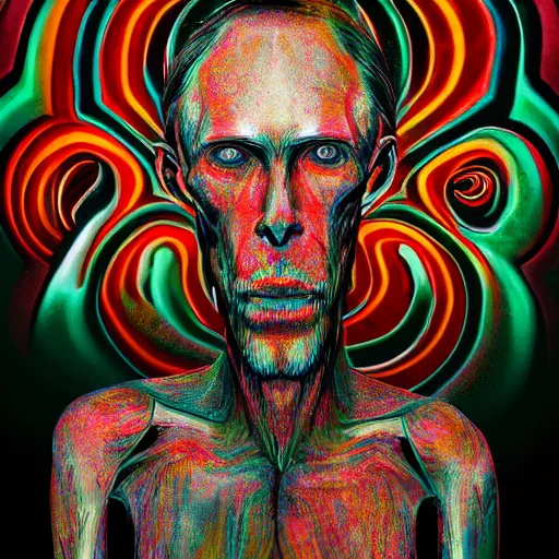Prompt: depraved and spiritually broken skinny man with spiral trippy eyes dazed and broken down by years of mind control propoganda, tv screens behind him, weird abstract art in the style. of will hughes, trending on artstation, ultra 8 k