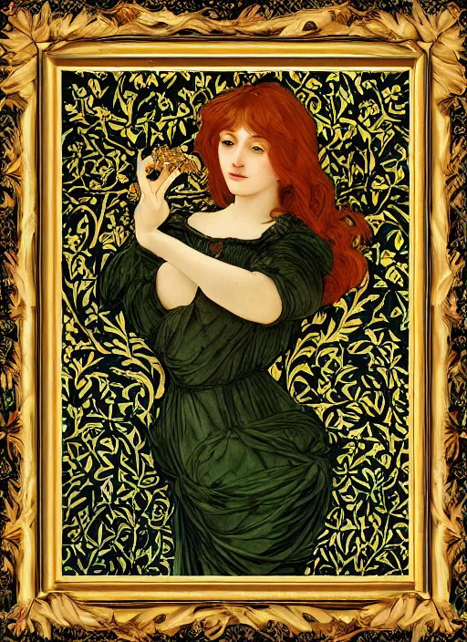 Image similar to masterpiece beautiful seductive flowing curves pose preraphaelite portrait photography, extreme closeup shot, straight bangs, thick set features, yellow ochre ornate medieval dress, mushroom forest arch, amongst foliage, william morris and kilian eng and mucha, framed, 4 k