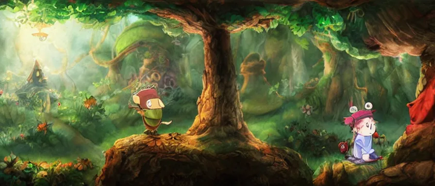 Prompt: Teemo is staring at the hourglass in the enchanted forest, by Hayao Miyazaki