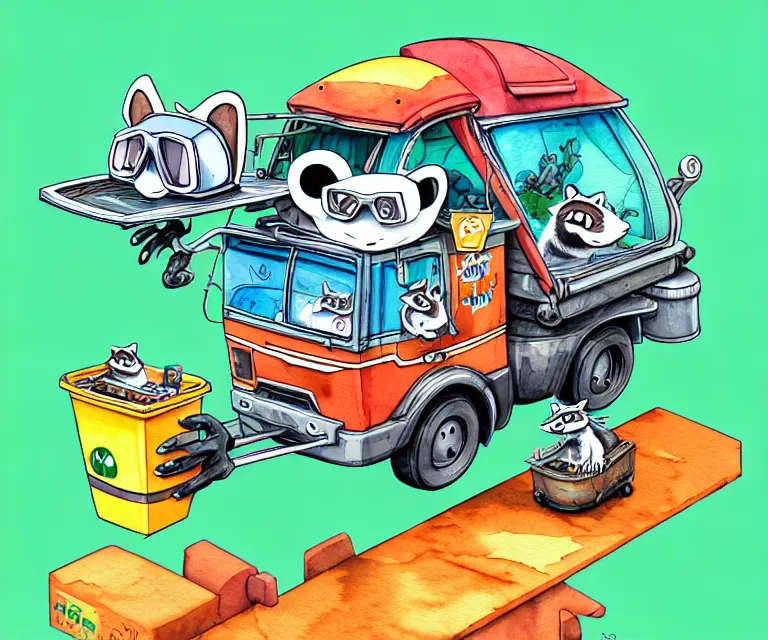 Image similar to cute and funny, racoon wearing goggles driving a tiny garbage truck, ratfink style by ed roth, centered award winning watercolor pen illustration, isometric illustration by chihiro iwasaki, edited by craola, tiny details by artgerm and watercolor girl, symmetrically isometrically centered