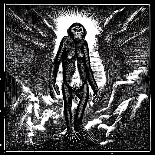 Image similar to chimpanzee descending from heaven, in the style of deathspell omega's fas album cover, illustration, detailed