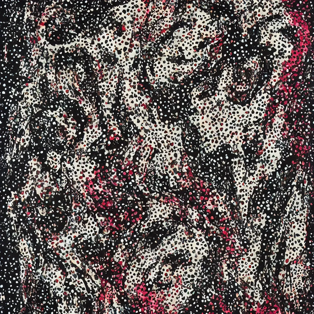 Image similar to camo made of teeth, smiling, abstract, francis bacon artwork, cryptic, dots, spots, stipple, lines, splotch, color tearing, pitch bending, faceless people, dark, ominous, eerie, hearts, minimal, points, technical, old painting, neon colors, folds