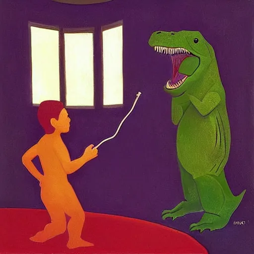 Prompt: “dinosaur singing karaoke detailed trex happy podcast national geographic figure dramatic lighting proportional symmetrical minimalism Edward Hooper Matisse digital art oil painting”