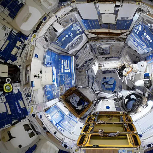 Image similar to A beautiful photograph of a spacecraft or space station in Earth's orbit. The space station has a large, central cylindrical section with several smaller attached modules. There are numerous antennae, dishes, and other communications equipment on the station, as well as a few large windows. There appear to be several people inside the station, working at various consoles and terminals. embroidery by Ralph McQuarrie, by Pete Turner sad