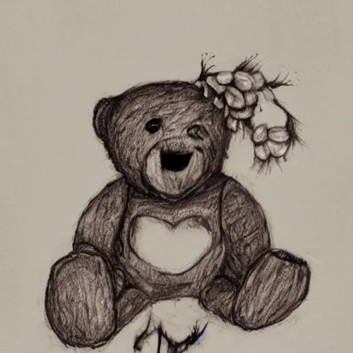 Prompt: grunge drawing of a teddy bear in the style of the grudge | horror themed