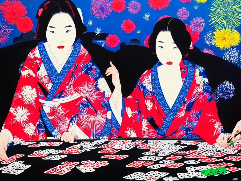 Image similar to hyperrealistic composition of the detailed woman in a japanese kimono sitting at a extremely detailed poker table with hyperdetailed darth vader, fireworks, mountain fuji on the background, pop - art style, jacky tsai style, andy warhol style, acrylic on canvas