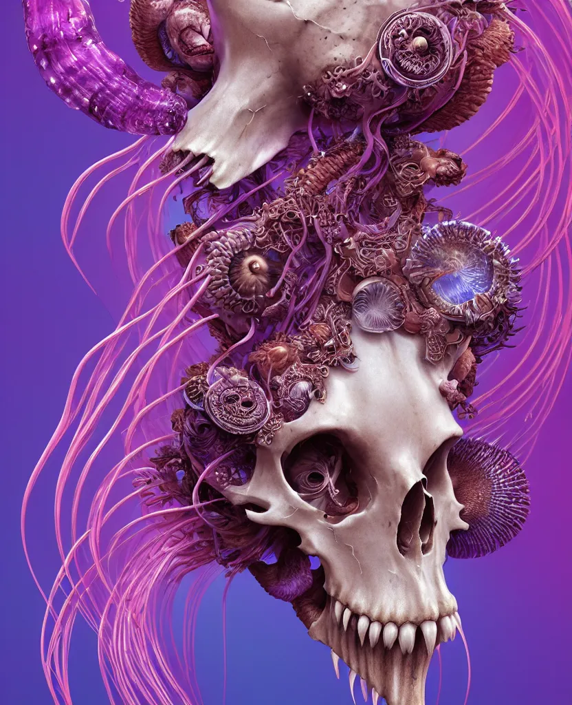 Image similar to goddess princess face close-up portrait ram skull. jellyfish phoenix head, nautilus, orchid, skull, betta fish, bioluminiscent creatures, intricate artwork by Tooth Wu and wlop and beeple. octane render, trending on artstation, greg rutkowski very coherent symmetrical artwork. cinematic, hyper realism, high detail, octane render, 8k