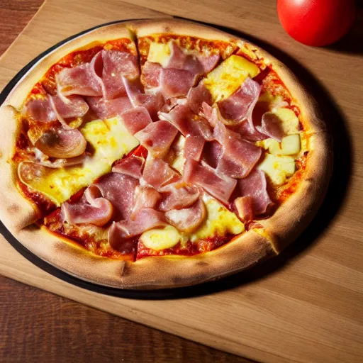 Prompt: pizza with ham pineapple and chesse profesional commercial photo shot 4 k