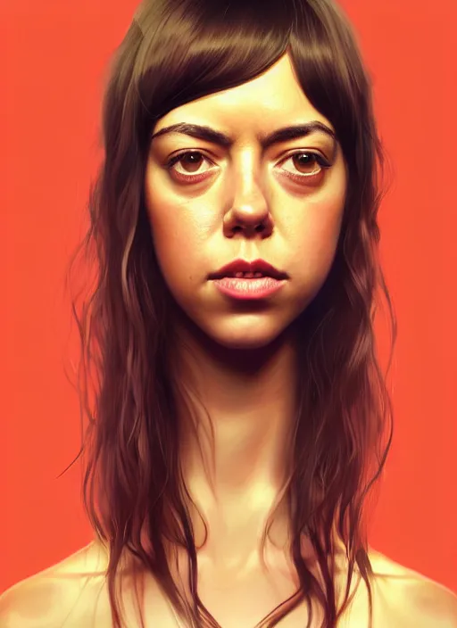 Image similar to portrait of young aubrey plaza with bangs, hippie, long hair, groovy hairband, bangs, intricate, smooth, groovy lighting, highly detailed, digital painting, artstation, concept art, smooth, sharp focus, illustration, art by wlop, mars ravelo and greg rutkowski