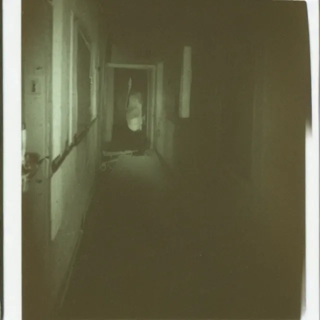 Image similar to found polaroid photo, flash, interior abandoned hospital, mutant creature standing