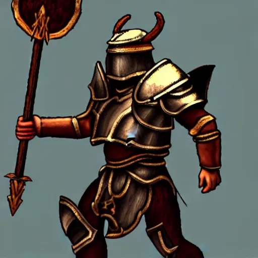 Image similar to a minotaur wearing plate armor and holding a mace