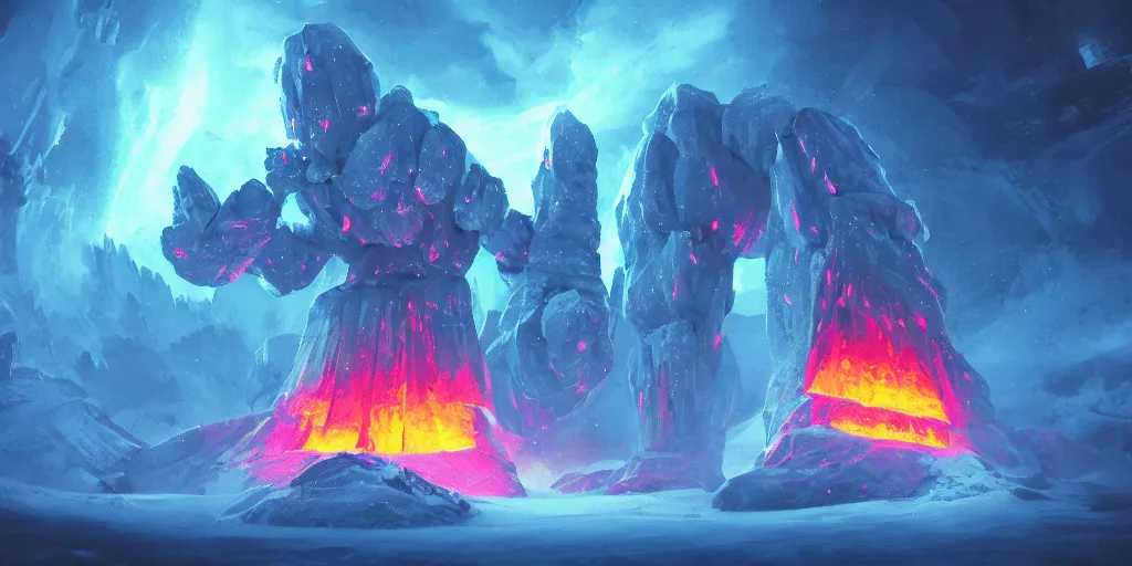 Prompt: intergalactic, giant ice golem, fire, glow, cinematic photo, forest, mountain, video game concept art