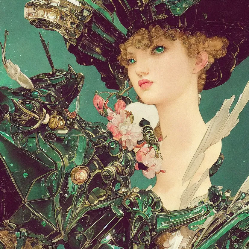 Prompt: a baroque neoclassicist close - up renaissance portrait of an emerald and white iridescent whimsical 1 8 0 0 s japanese mecha gundam butterfly witch. reflective detailed textures. glowing eyes, dark background. highly detailed fantasy science fiction painting by moebius, norman rockwell, frank frazetta, and syd mead. rich colors, high contrast. artstation