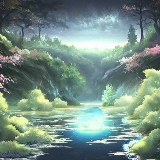 Prompt: mystical scenery , by Sakimori, digital art, pixiv scenery art