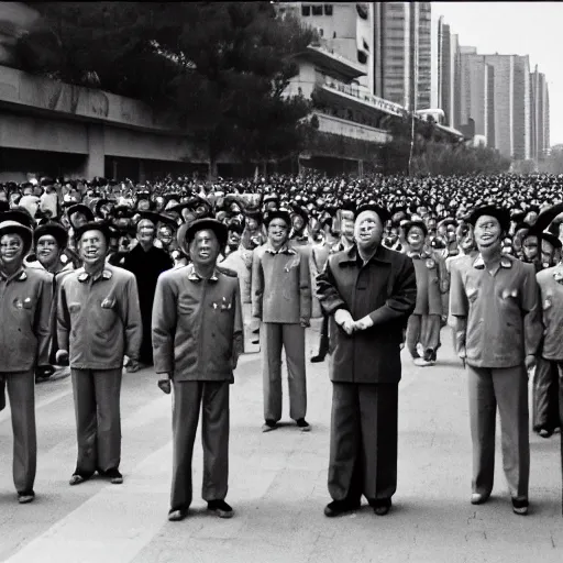 Prompt: cinematic shot of cybernetic kim il - sung standing in a street in pyongyang as a crowd of people cheer in the background, 8 k,