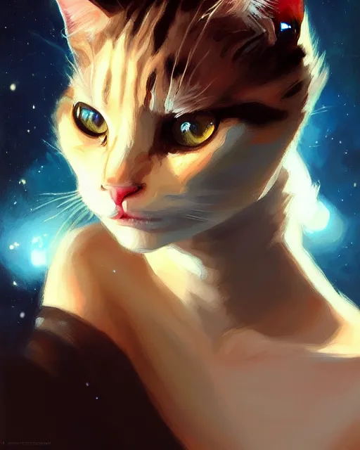 Prompt: a potrait of a space fanstasy cat, fine details. night setting. realistic shaded lighting poster by ilya kuvshinov katsuhiro, artgerm, jeremy lipkin and michael garmash, unreal engine, radiant light, detailed and intricate environment, digital art, trending on art station