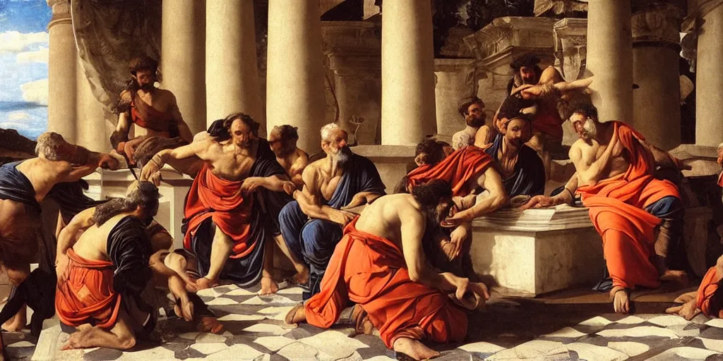 Image similar to beautiful oil matte portrait painting, men discussing politics inside a greek forum, wonderful masterpiece highly detailed, beautiful cinematic light deep focus, elegant, digital painting, smooth, sharp focus, golden ratio, dramatic illumination, ultra realistic, 8 k, art by artemisia lomi gentileschi and caravaggio