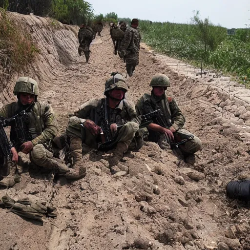 Prompt: Tired and dirty soldiers sitting in a ditch. explosions all around