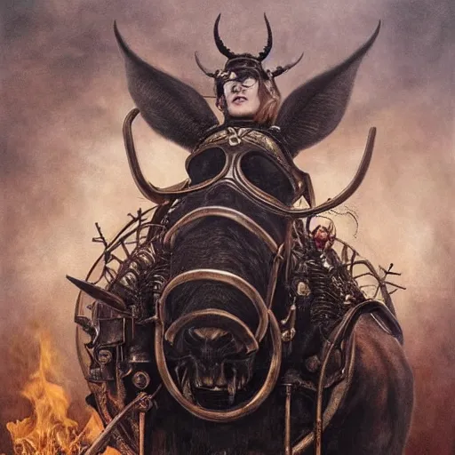 Prompt: a hyperrealistic portrait painting of a beautiful woman with demonic horns wearing steampunk goggles, riding a horse into the fires of hell, by santiago caruso, highly detailed,