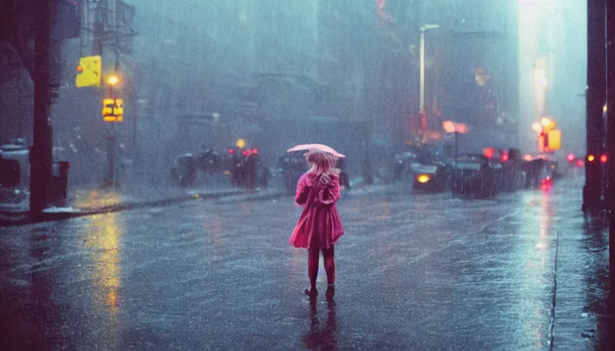 Image similar to street of new york, photography, night, rain, mist, a girl with pink hair, cinestill 8 0 0 t, in the style of william eggleston