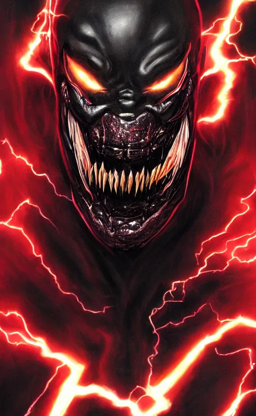 Image similar to portrait of venom as the flash, black and red, dynamic lighting, cinematic, ultra detailed, trending on art station, stunning visuals, creative, fantasy concept art