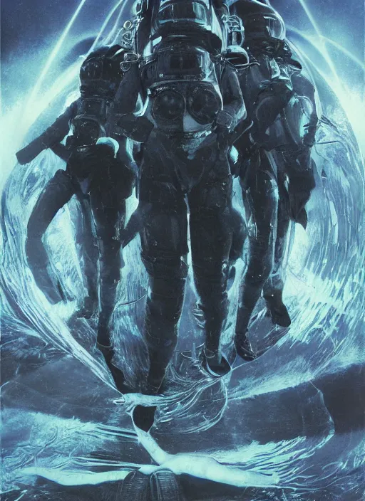 Image similar to astronauts in dark void underwater - complex and hyperdetailed technical suit. reflection and dispersion materials. rays and dispersion of light. volumetric light. f / 3 2. noise film photo. flash photography. ultra realistic, wide angle. poster by wayne barlowe, hajime sorayama aaron horkey, craig mullins