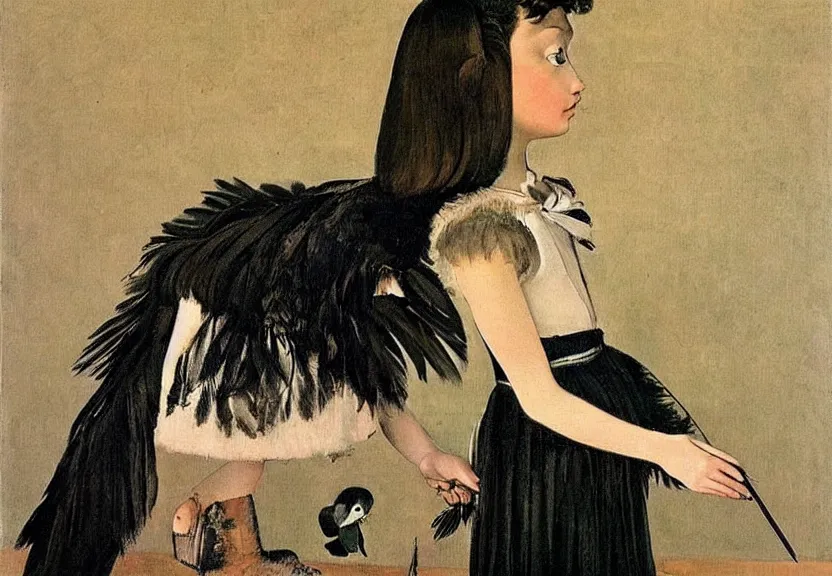 Image similar to beautiful little girl with a short black haircut wearing a dress made of black feathers, artwork in balthus art style, anatomically perfect