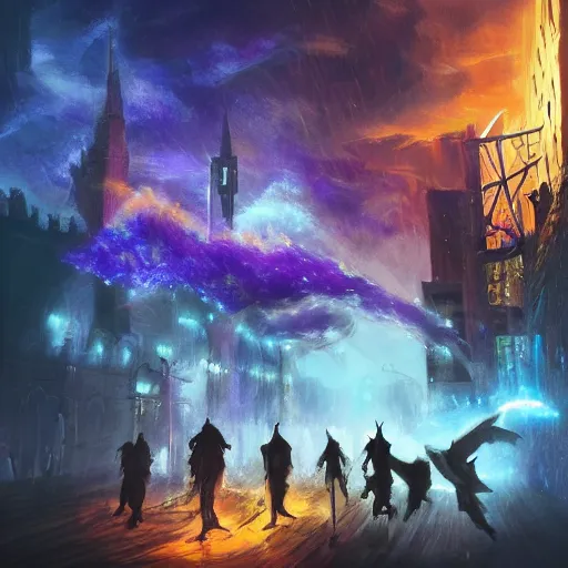 Image similar to A photo of a few sorcerers holding magic staffs and attacking people on the street with thunders, in the downtown, fire from sky, blue lightnings, dramatic purple thunders, golden meteors, war, dramatic shadows, powerful photo, magic, dramatic lighting, intricate, wild, highly detailed, digital painting, artstation, concept art, smooth, sharp focus, illustration, art by artgerm and greg rutkowski and alphonse mucha, footage