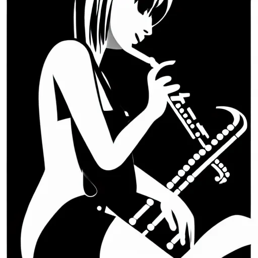 Prompt: an ink drawing of a tech punk girl playing the saxophone by ilya kuvshinov, black and white, white outline, high contrast