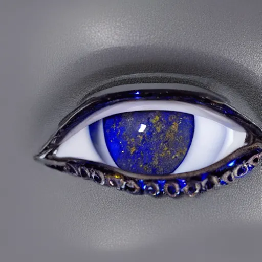 Prompt: medium - shot museum photo of ca 2 5 0 0 statue eye thick lapis lazuli beveled to hold the white limestone which forms the eye's sclera which is drilled to receive the black stone pupil, studio lighting, professional, promo,