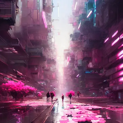 Image similar to a painting of a city street with pink flowers, cyberpunk art by wadim kashin, cgsociety, panfuturism, cityscape, dystopian art, anime aesthetic