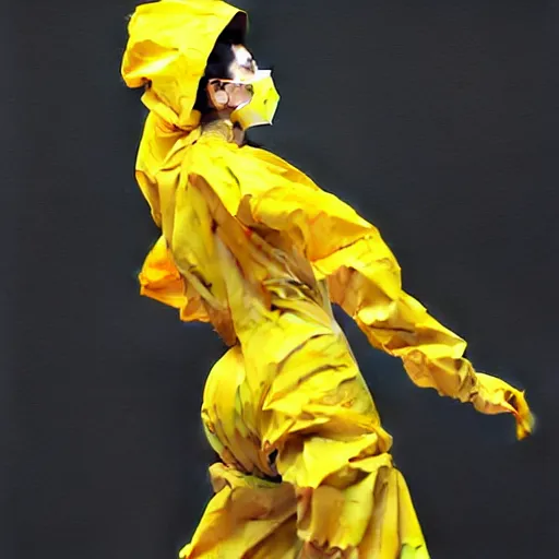 Prompt: a man in a yellow hazmat suit and a voluminous woman both dancing, intricate, elegant, digital painting, concept art, smooth, sharp focus, illustration, from metal gear, by ruan jia and mandy jurgens and william - adolphe bouguereau, artgerm