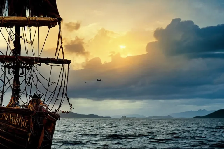 Image similar to captain jack sparrow sailing into the sunset on a pirate ship