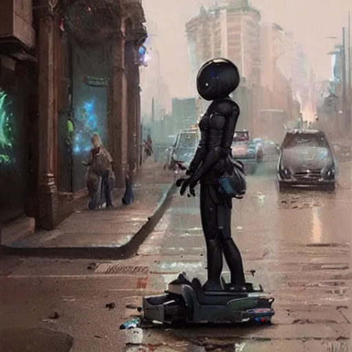 Prompt: twitter artist is begging at the street while being replaced by robots, art by greg rutkowski