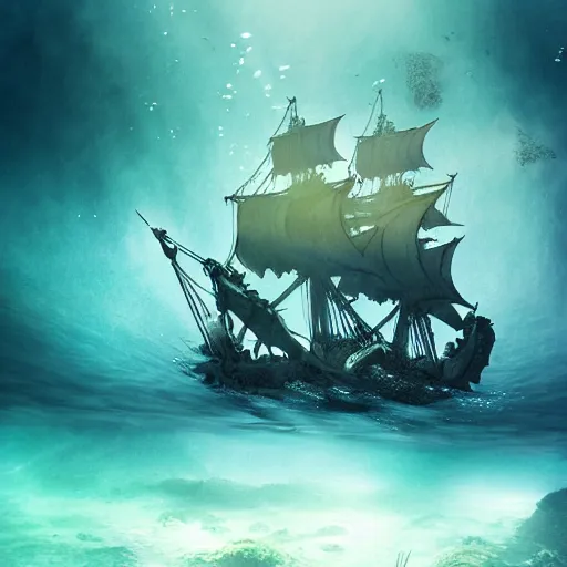 Image similar to ghosts pirate ship underwater by ross tran. movie still, below water