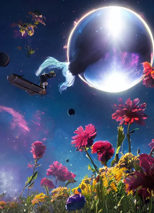 Image similar to An epic fantastic realism comic book style painting of the most beautiful flowers launched into space, bouquets, solar eclipse, fisheye, unreal 5, DAZ, hyperrealistic, octane render, dynamic lighting