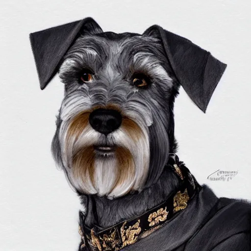 Prompt: portrait of stoic looking miniature schnauzer, military uniform, black fir, white eyebrows, fantasy, intricate, elegant, highly detailed, autumn color, rustic, centered, dark, smokey, charcoal painting, digital painting, artstation, concept art, smooth, sharp focus, illustration, art by artgerm and greg rutkowski and alphonse mucha