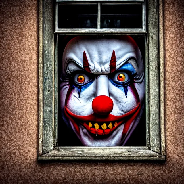 Prompt: far away shot of a scary clown looking through your window, highly detailed, 8 k, hdr, smooth, sharp focus, high resolution, award - winning photo