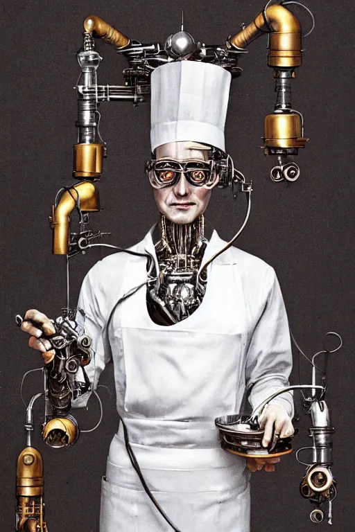 Image similar to a beautiful ultradetailed vintage photo of a futuristic cybernetic cyborg male wearing a tall white chef hat and an apron, by tom bagshaw and anna dittman, portrait, 3 5 mm lens, golden ratio composition, detailed face, studio photography, very detailed, humanoids, industrial robots, artstation, 8 k, highly coherent