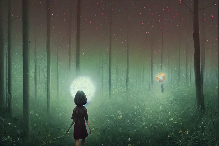 Image similar to giant daisy flowers head, girl walking in dark forest, surreal photography, dark night, stars, moon light, impressionist painting, clouds, digital painting, artstation, simon stalenhag