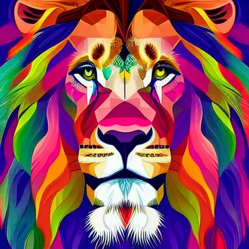 Image similar to a technicolor portrait of a lion in geometric kaleidoscopic colors trending on artstation 4 k intricate extremely detailed digital art