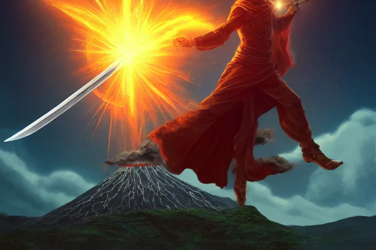 Prompt: levitating wizard wielding a sword, opening a shining portal, night sky, horizon of an erupting volcano, trending on artstation