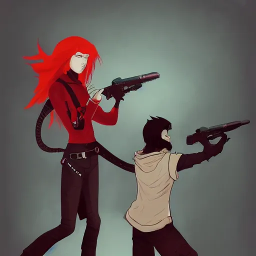 Image similar to a concept art of a boy and a girl with red hair holding a gun, gothic clothes, clean silhouette, highly detailed, digital painting, artstation, concept art, smooth, sharp focus, illustration