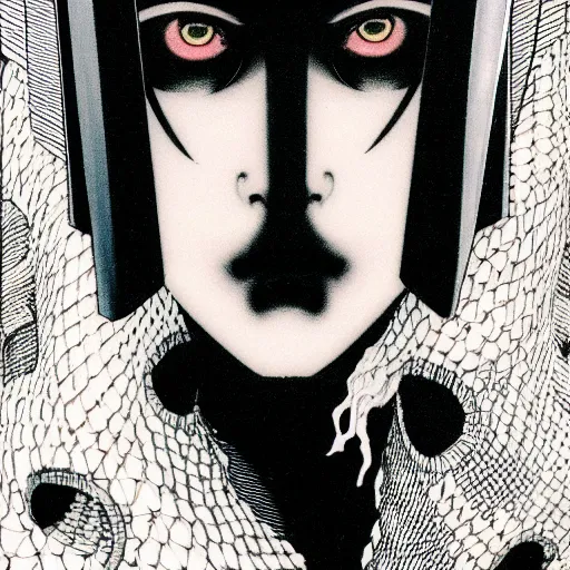 Image similar to prompt : black and white portrait soft light painted by takato yamamoto, black knight armor, inspired by ghost in shell anime, smooth face feature, intricate oil painting, high detail, sharp high detail, manga and anime 1 9 8 0