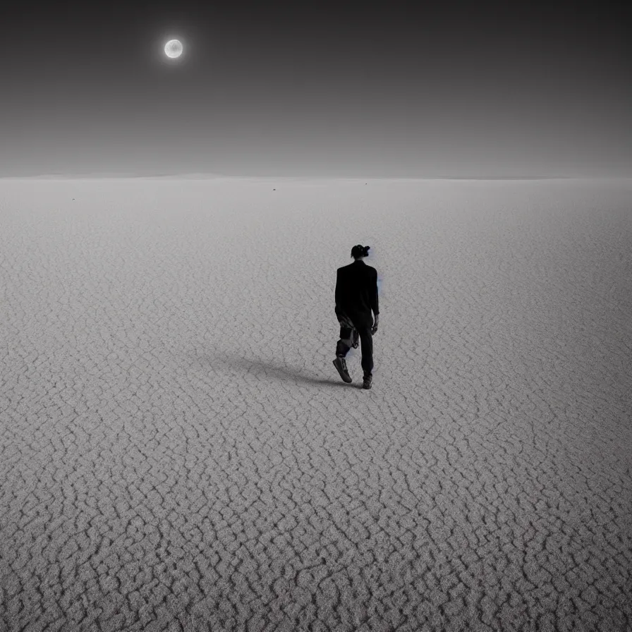 Image similar to a surreal landscape of a frightened man wandering in a vast desert lit by two scary moons