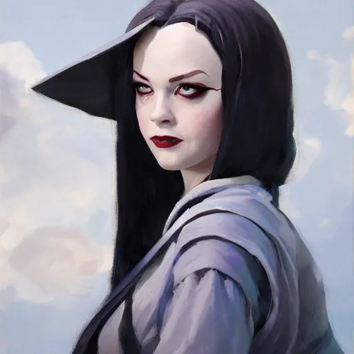 Image similar to greg manchess portrait painting of partially armored wednesday from addams family as overwatch character, medium shot, asymmetrical, profile picture, organic painting, sunny day, matte painting, bold shapes, hard edges, street art, trending on artstation, by huang guangjian and gil elvgren and greg rutkowski