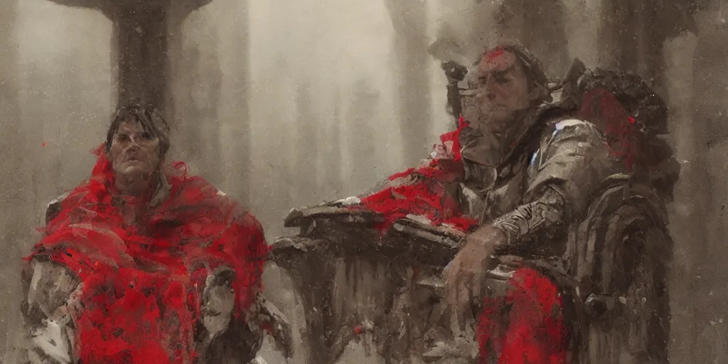 Image similar to the end is near. a tired julius caesar is sitting on his throne. face is highly detailed. splices of red are running down his toga. mist. color scheme red. low angle medium shot. imagined by jeremy lipking